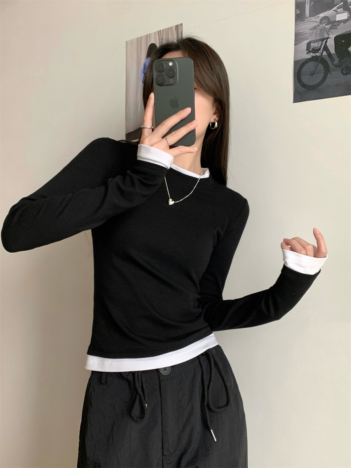 Women's Faux Two-Piece Long Sleeve Slim Fit T-Shirt Tee