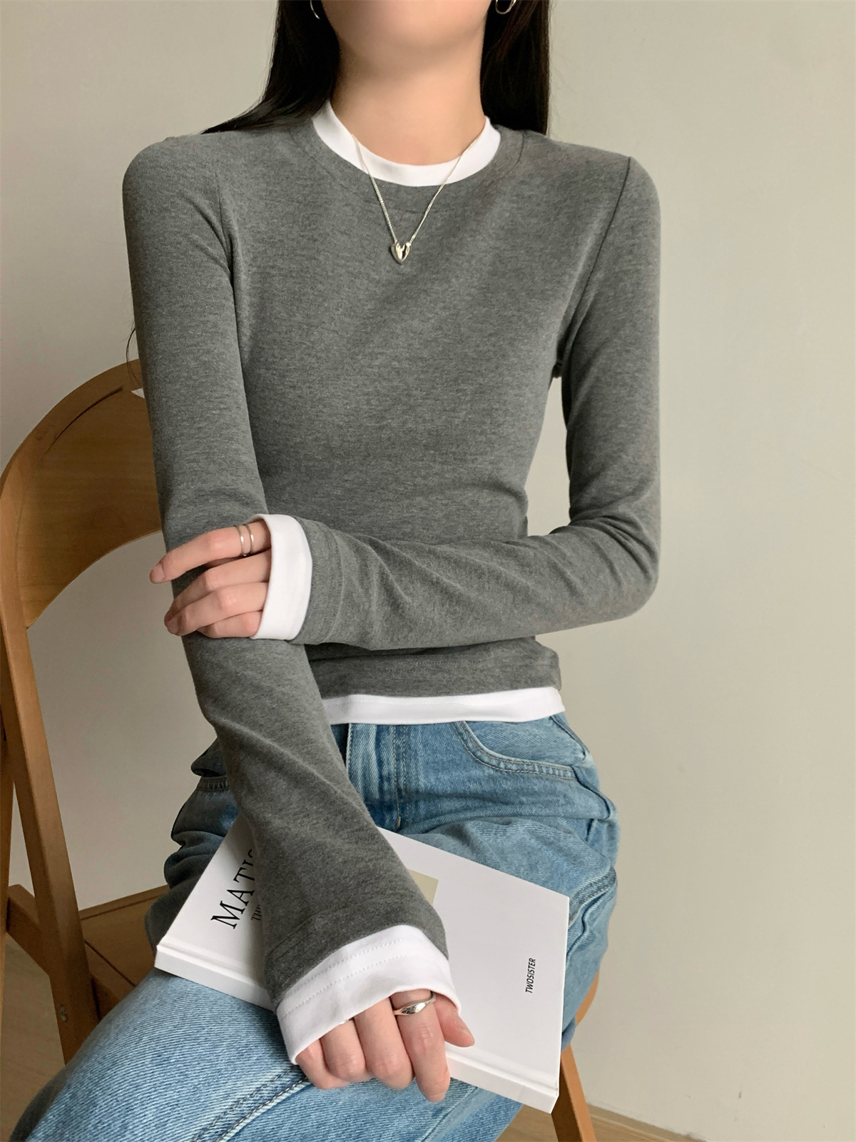Women's Faux Two-Piece Long Sleeve Slim Fit T-Shirt Tee