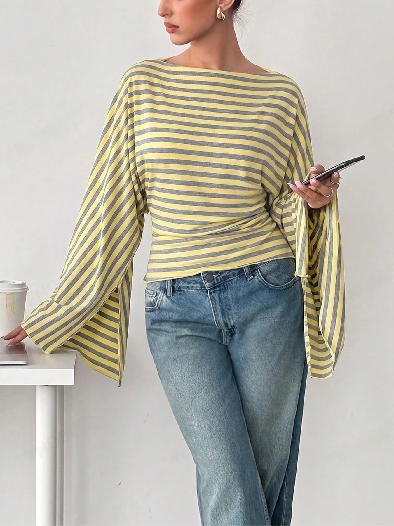 Women's Striped Rib Knit Long Sleeve Slim T-Shirt with Boat Neck