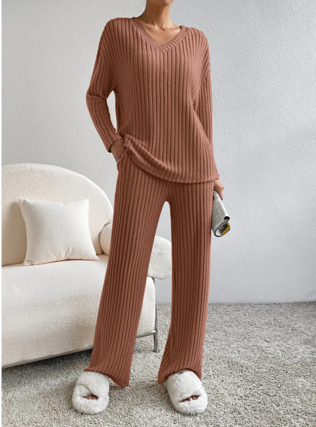 Women's V-Neck Ribbed Knit Two-Piece Set