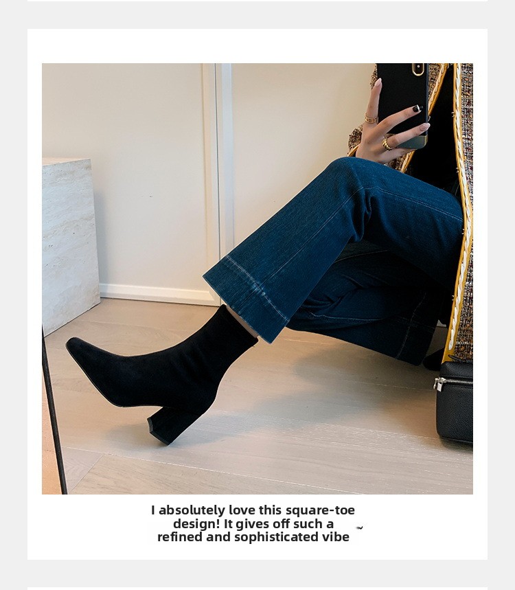 Women Suede Square Toe Thick Heel Back Zipper Short Boots