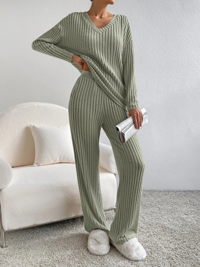 Women's V-Neck Ribbed Knit Two-Piece Set