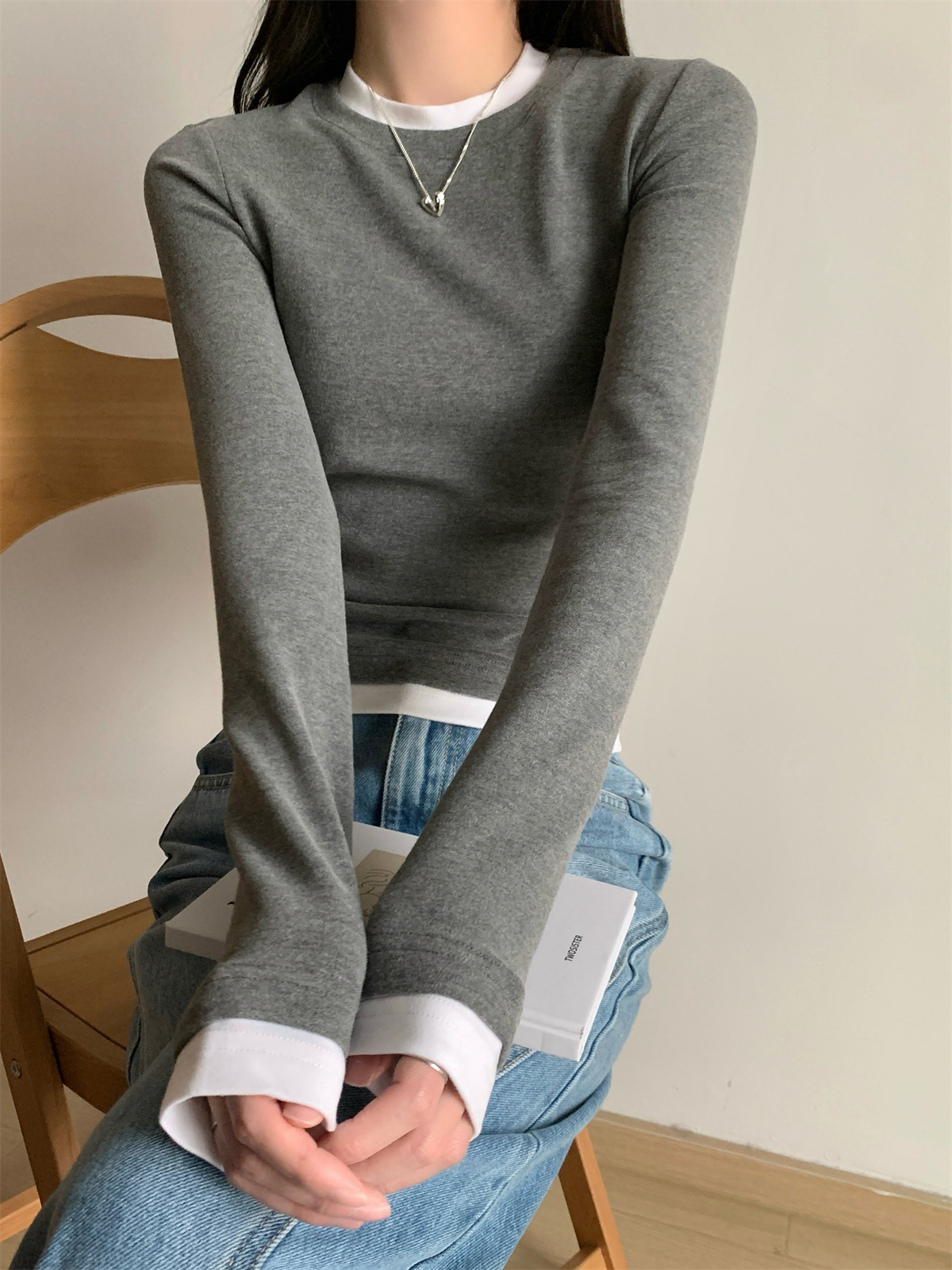 Women's Faux Two-Piece Long Sleeve Slim Fit T-Shirt Tee