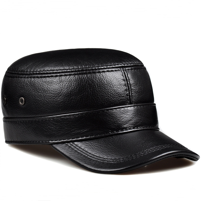 Men's Genuine Cowhide Leather Winter Warm Flat Top Ear Protection Hat
