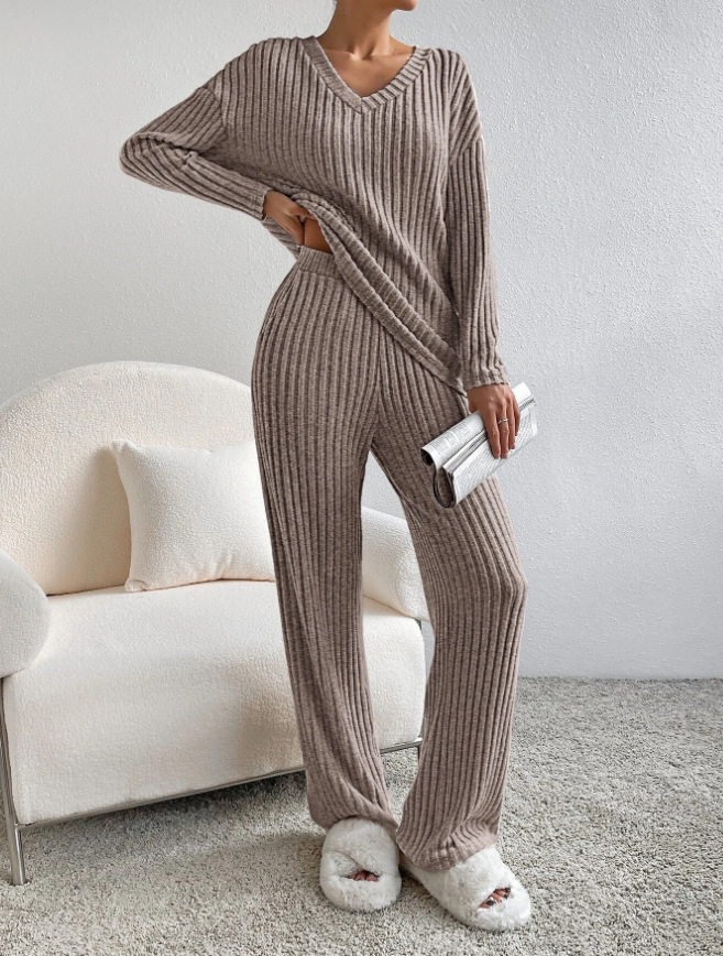 Women's V-Neck Ribbed Knit Two-Piece Set