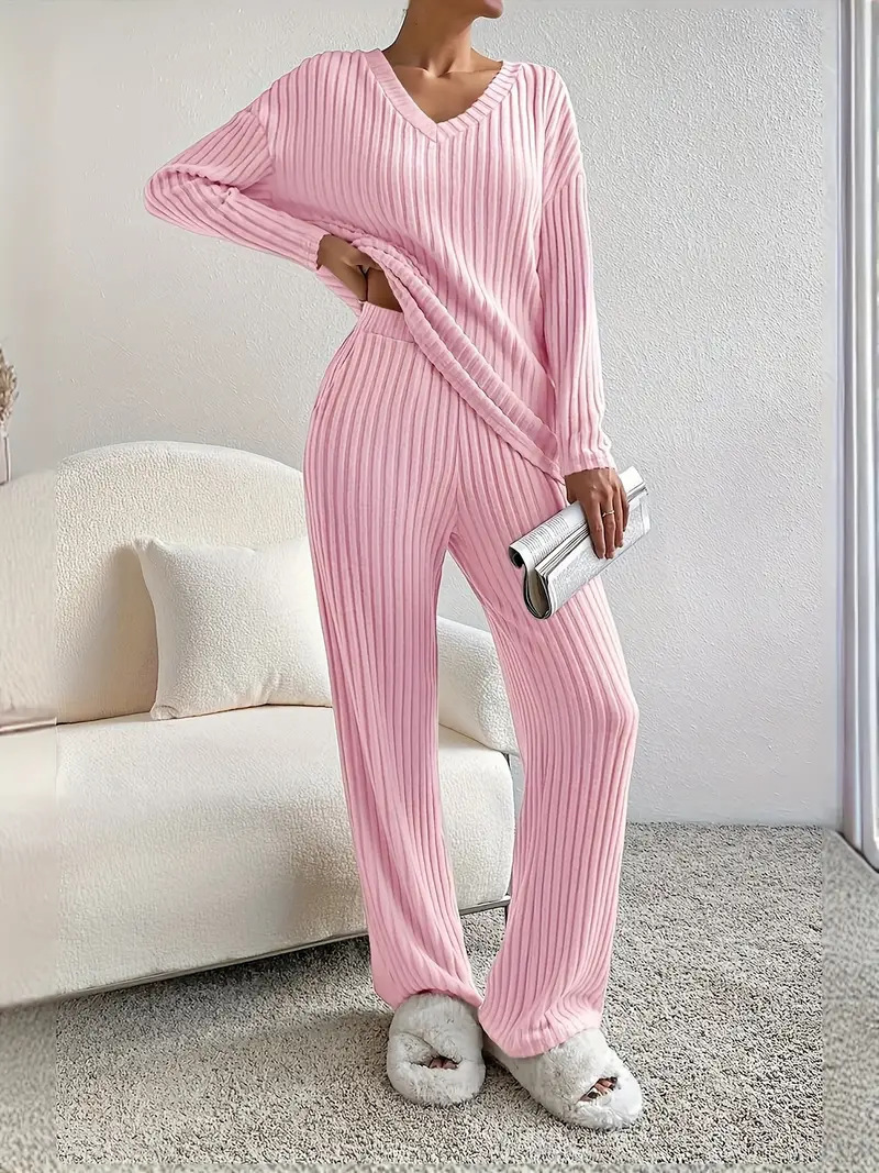 Women's V-Neck Ribbed Knit Two-Piece Set