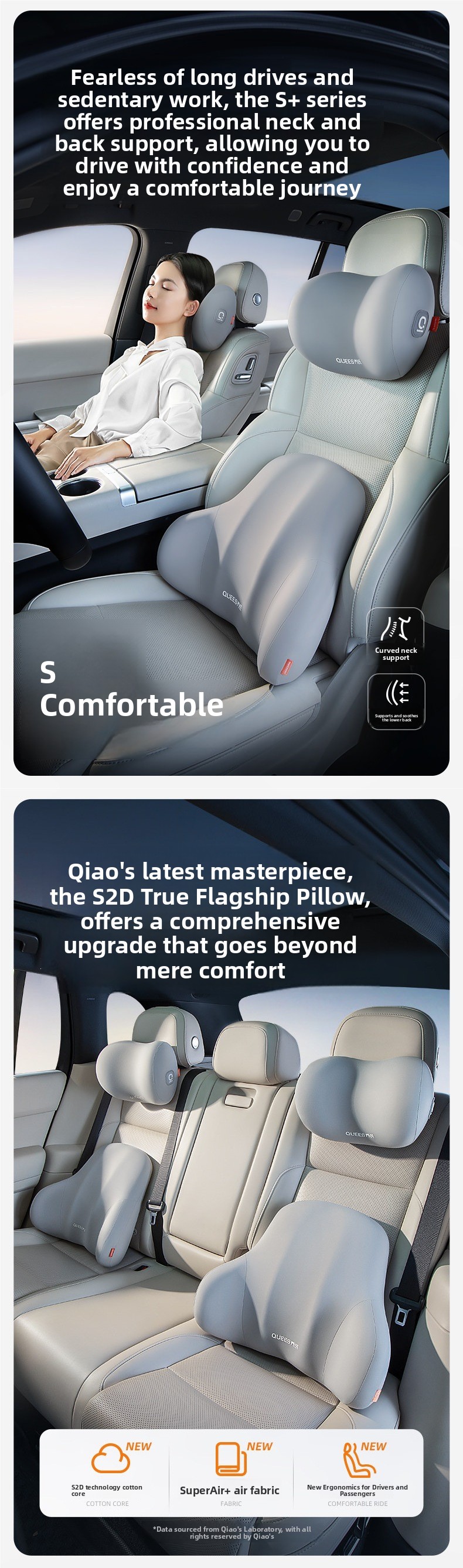 Ergonomic 52D Memory Foam Car Headrest and Lumbar Support Cushion Combo with Breathable Spacer Fabric