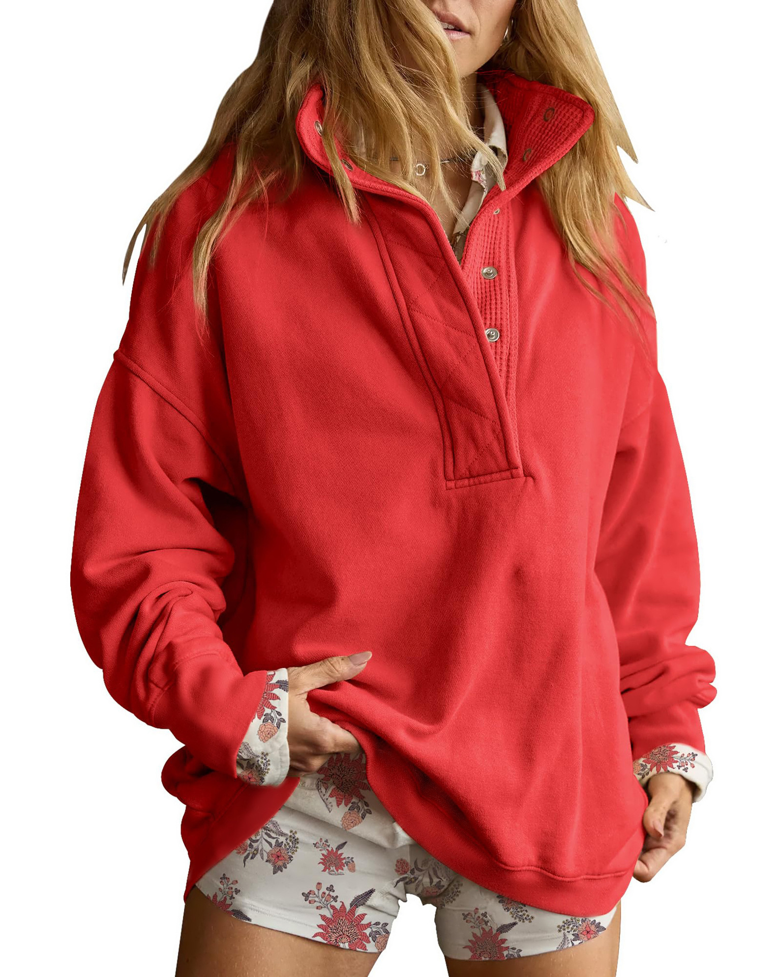 Casual Loose-Fit Long Sleeve Half-Button Pullover Sweatshirt