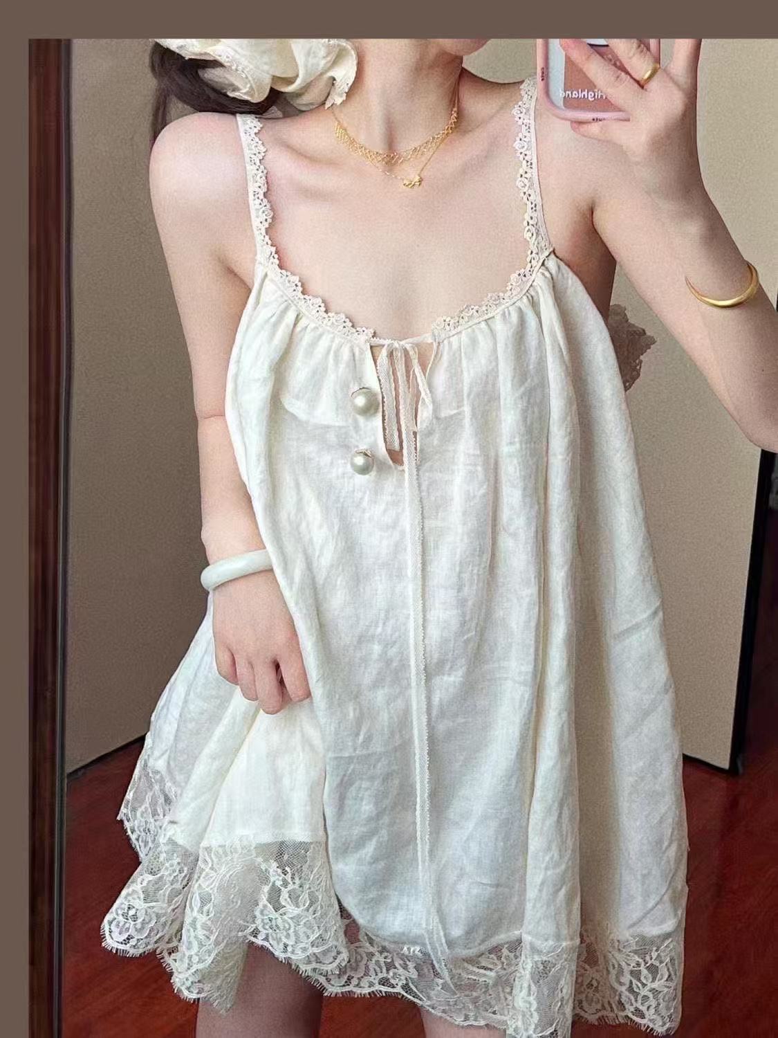 Women's Lace Trim Sleeveless Nightgown Summer Loose Home Dress