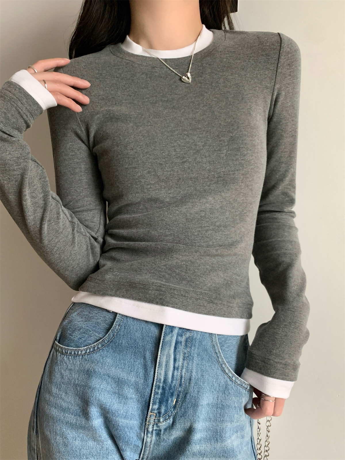 Women's Faux Two-Piece Long Sleeve Slim Fit T-Shirt Tee