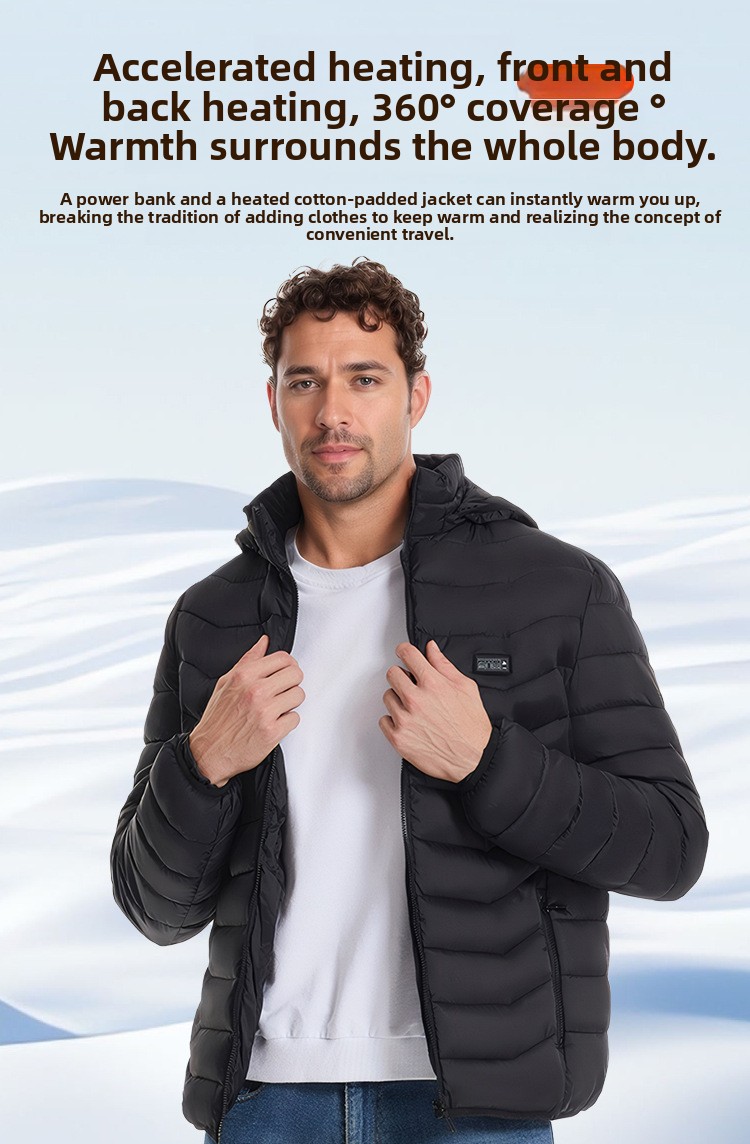 Unisex USB Heated Hooded Padded Jacket with 21 Heating Zones