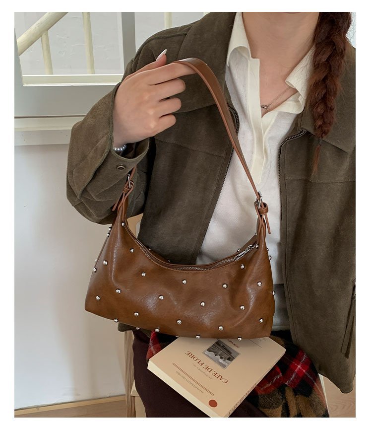 Vintage Rivet Detail PU Leather Crossbody Shoulder Bag