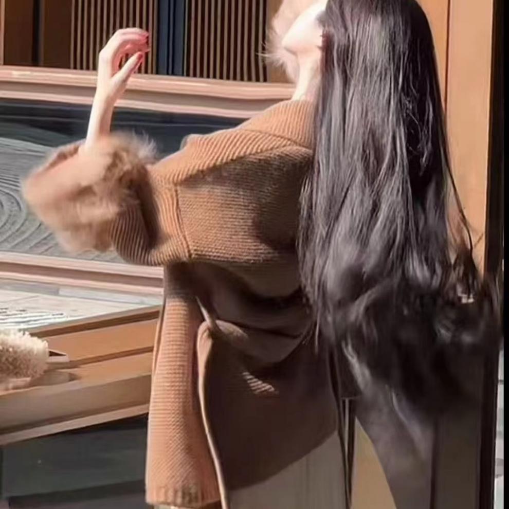 Women's Thickened Knit Sweater Coat with Extra-Long Flying Sleeves