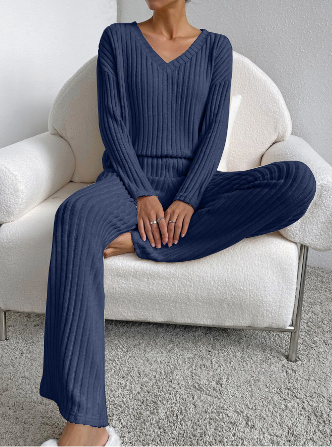 Women's V-Neck Ribbed Knit Two-Piece Set