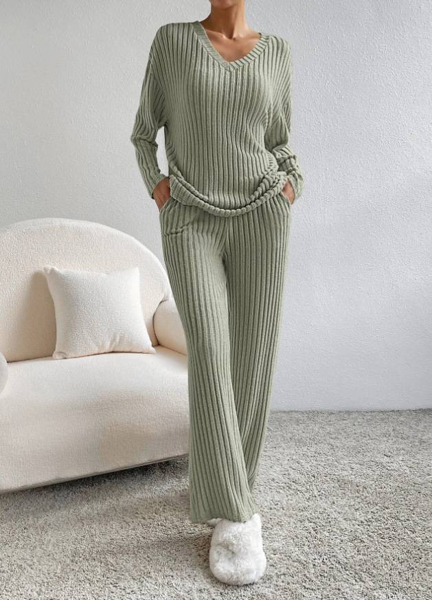 Women's V-Neck Ribbed Knit Two-Piece Set