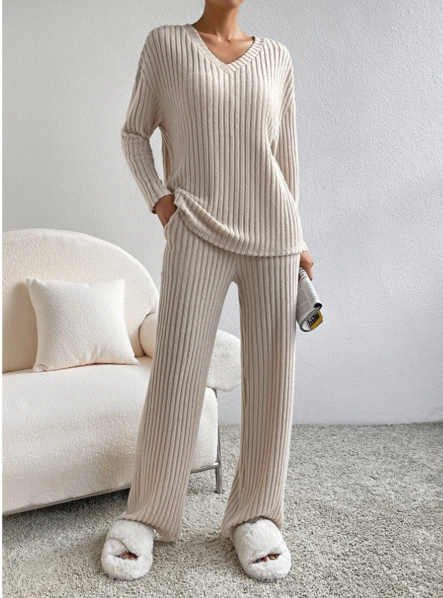 Women's V-Neck Ribbed Knit Two-Piece Set
