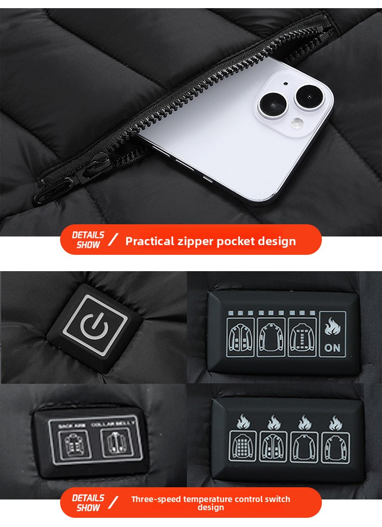 Unisex USB Heated Hooded Padded Jacket with 21 Heating Zones