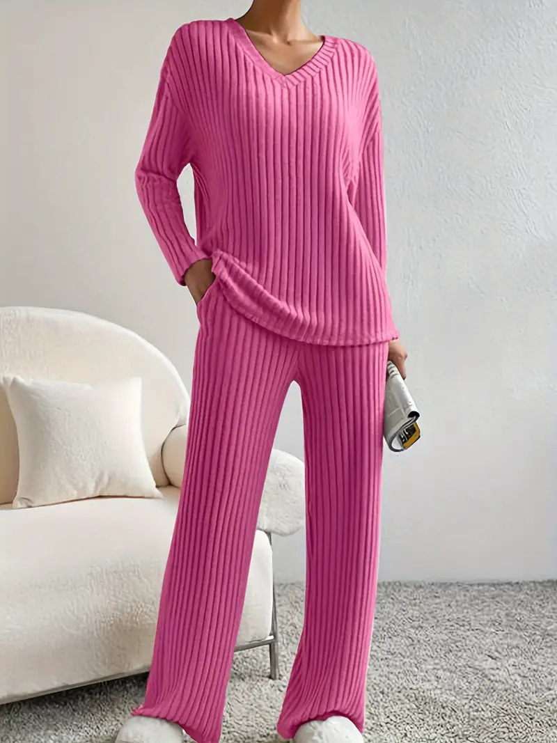 Women's V-Neck Ribbed Knit Two-Piece Set