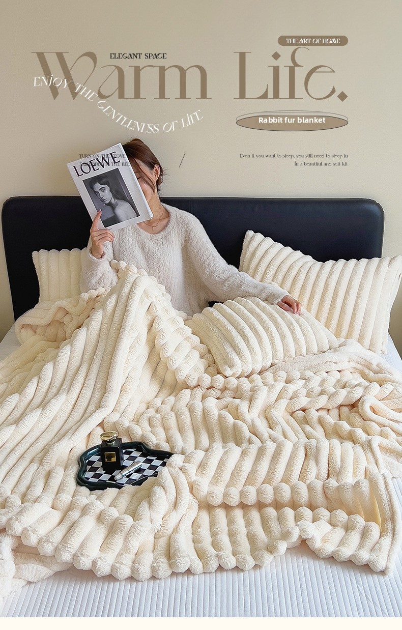 Double-Sided Faux Rabbit Fur Plush Blanket, Solid Color