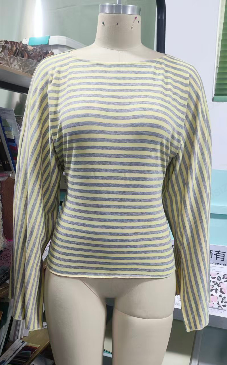 Women's Striped Rib Knit Long Sleeve Slim T-Shirt with Boat Neck
