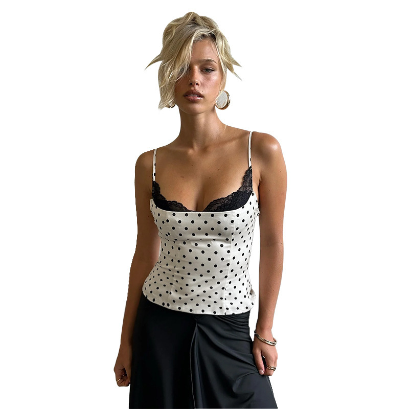 Women's French-Style Polka Dot Lace Trim Camisole Top
