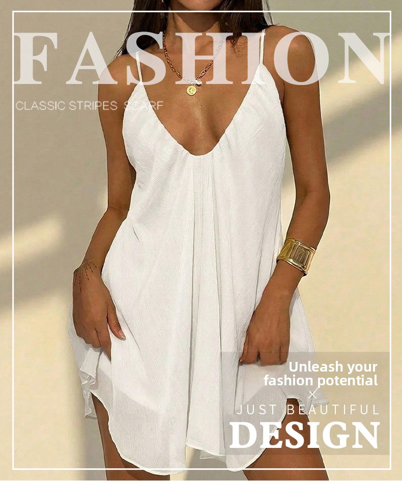 Women's Pure White Slim Fit Sleeveless Chiffon Strap Mid-Length Dress