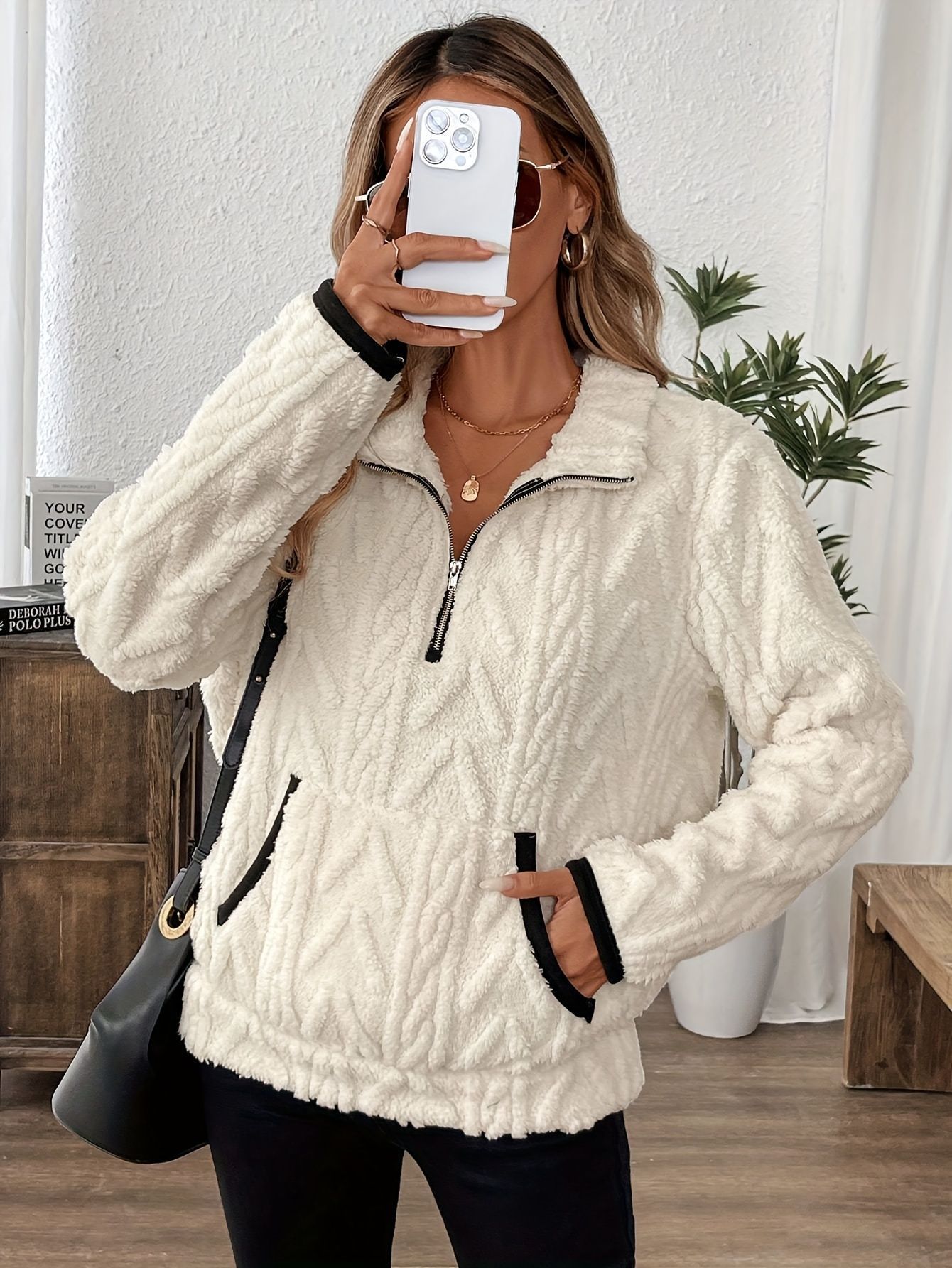 Women's Jacquard Fleece Half-Zip Lapel Sweatshirt