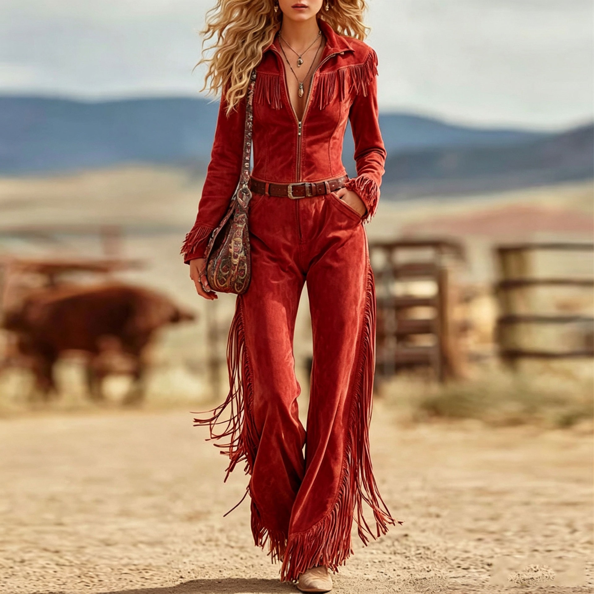Women's Retro Western Fringe Bootcut Suede Pants
