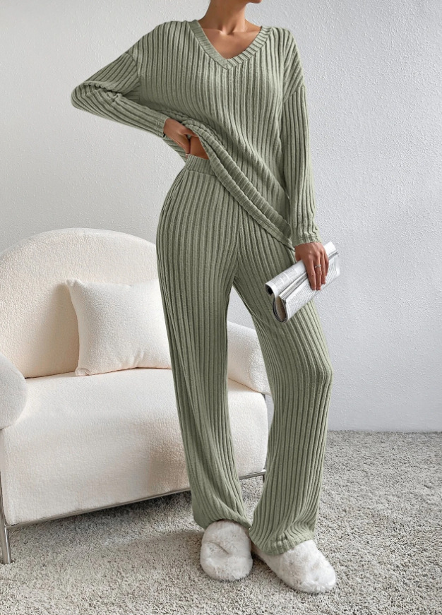 Women's V-Neck Ribbed Knit Two-Piece Set