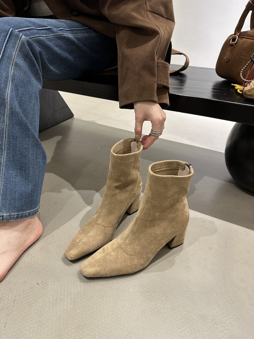 Women Suede Square Toe Thick Heel Back Zipper Short Boots