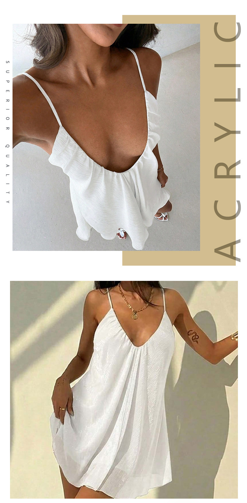 Women's Pure White Slim Fit Sleeveless Chiffon Strap Mid-Length Dress