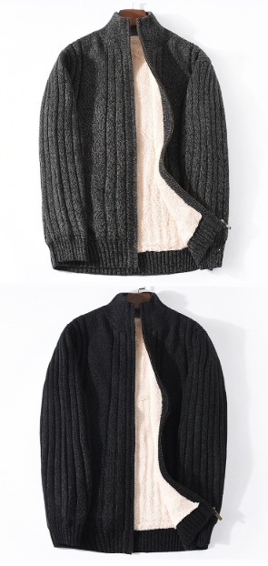 Mens Thickened Fleece Lined Stand Collar Knitted Cardigan