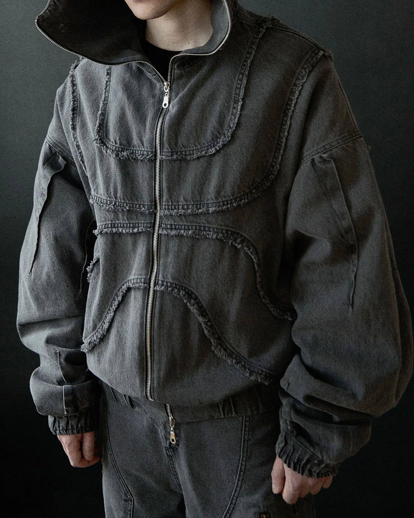 Washed Denim Jacket, Y2K Double Zipper, Flared Oversized Unisex Streetwear