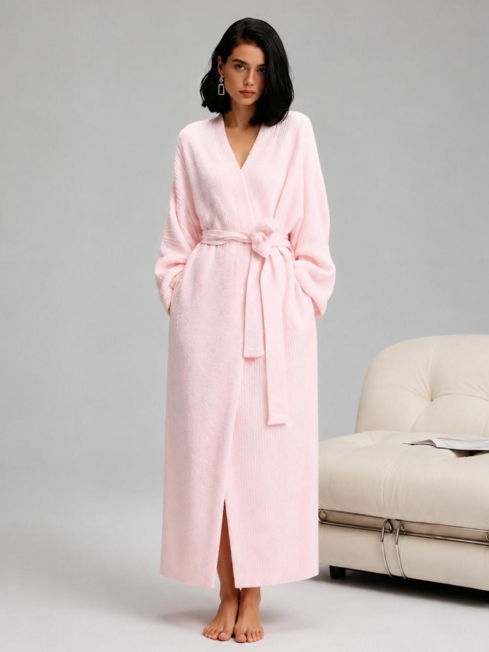 Extra-Thick Soft Fleece Bathrobe with Belt, Long Sleeve, One Size