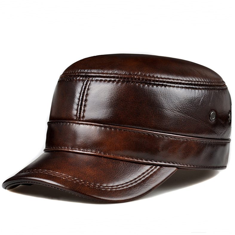 Men's Genuine Cowhide Leather Winter Warm Flat Top Ear Protection Hat