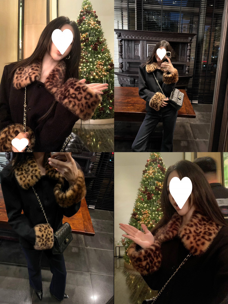 Women's Leopard Print Faux Fur Collar Single-Breasted Thick Short Coat