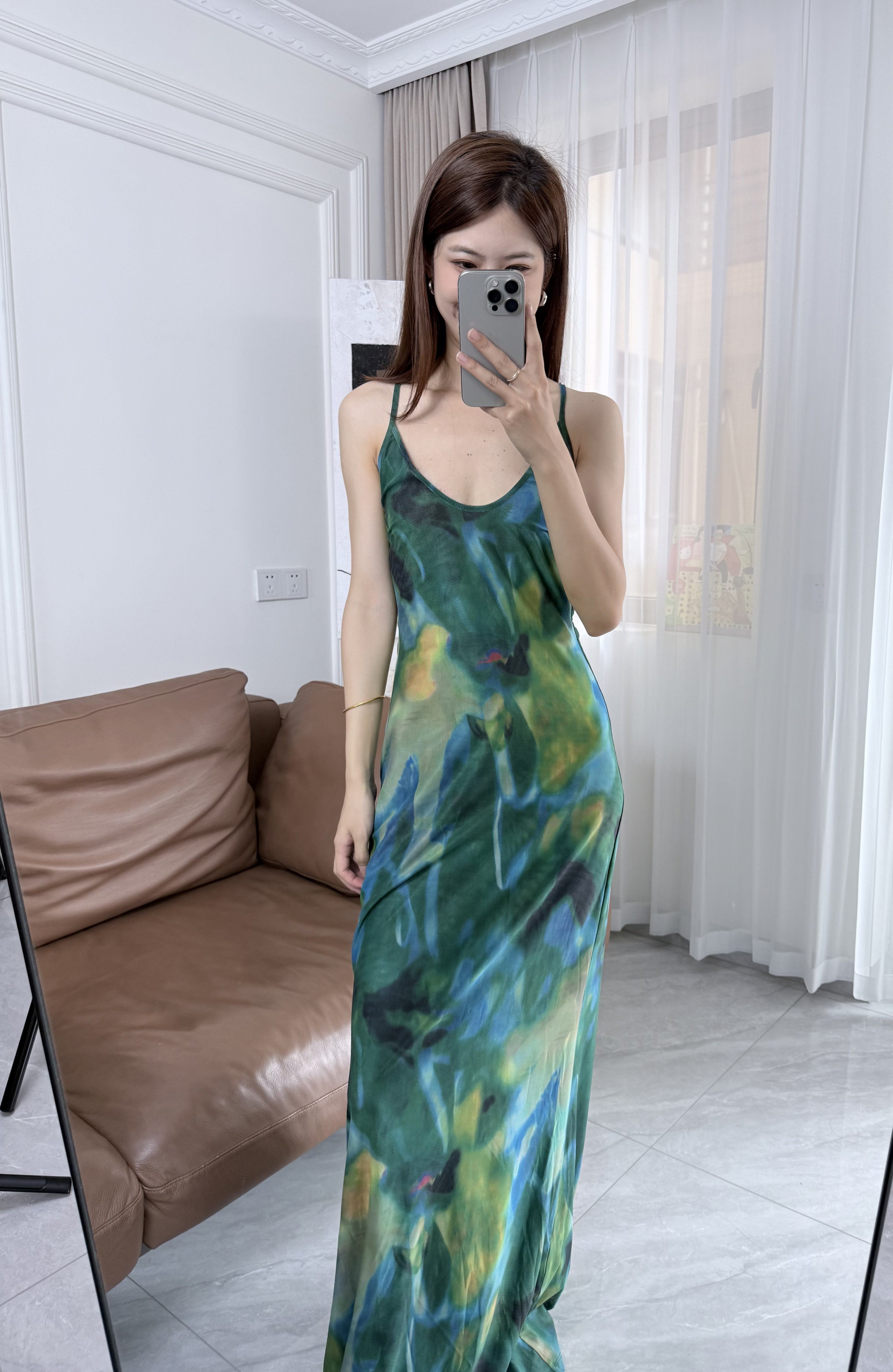 Women's Abstract Print U-Neck Backless Fishtail Hem Dress