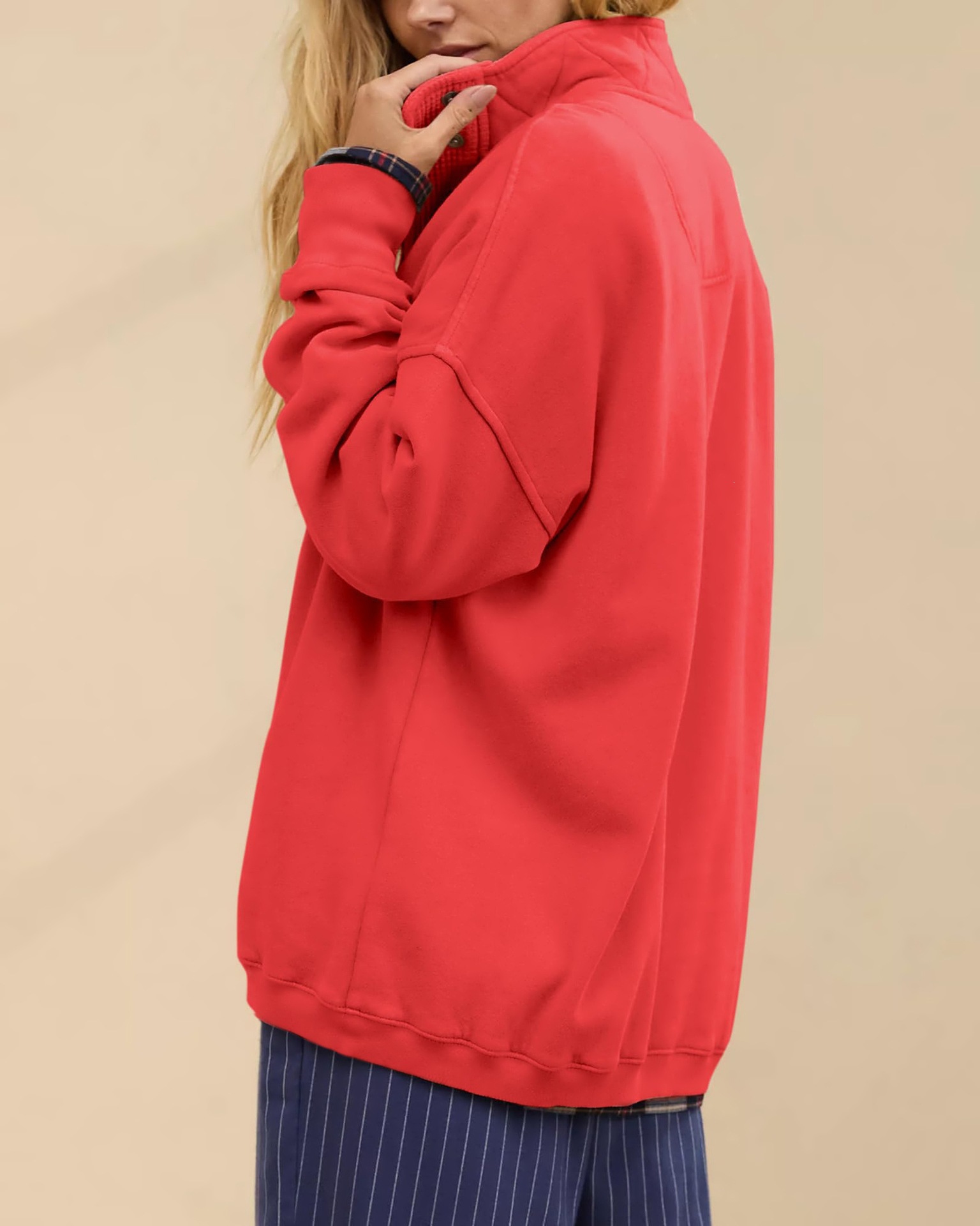 Casual Loose-Fit Long Sleeve Half-Button Pullover Sweatshirt