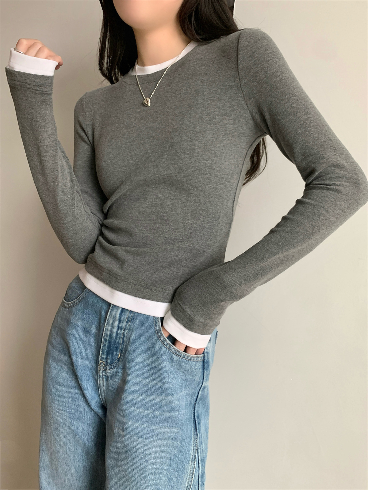 Women's Faux Two-Piece Long Sleeve Slim Fit T-Shirt Tee