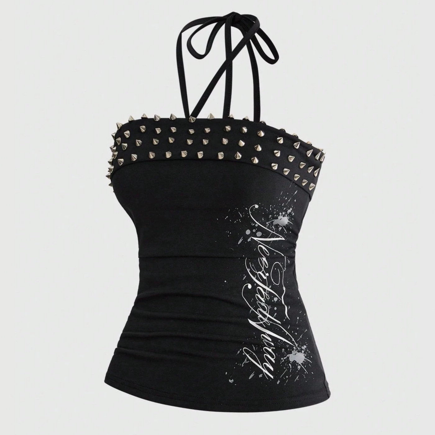 Women's Punk Rivet Lace-Up Halter Tank Top with Letter Print