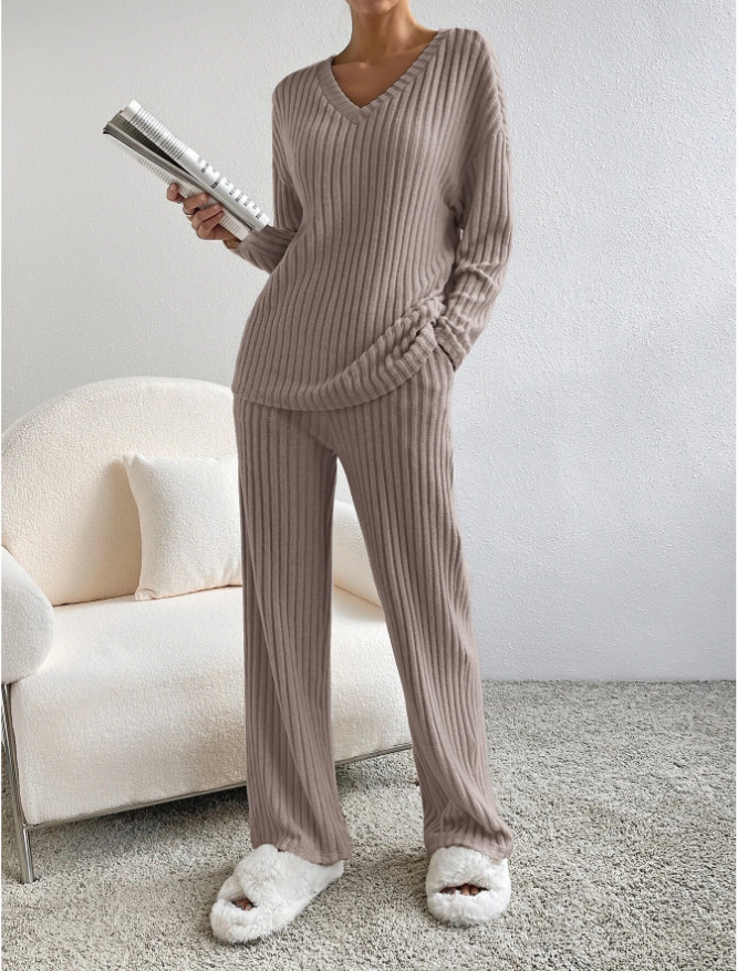 Women's V-Neck Ribbed Knit Two-Piece Set