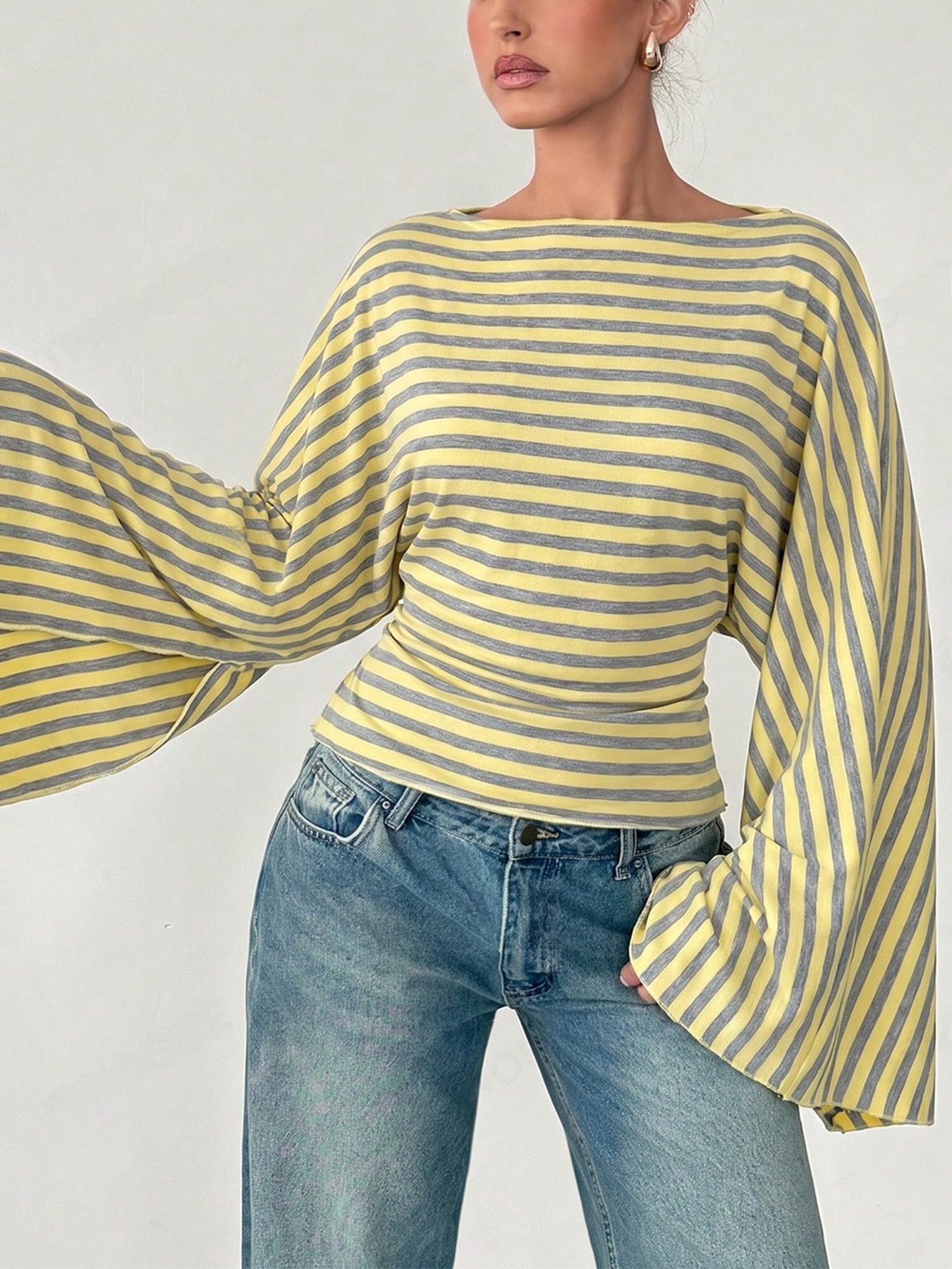 Women's Striped Rib Knit Long Sleeve Slim T-Shirt with Boat Neck