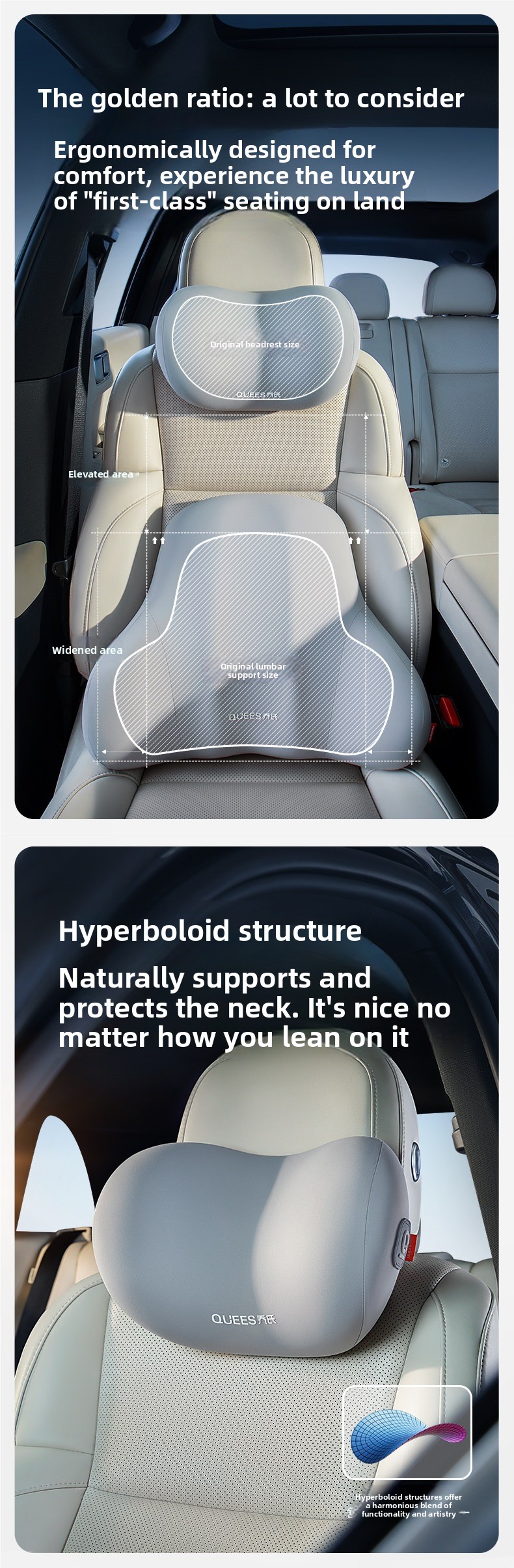 Ergonomic 52D Memory Foam Car Headrest and Lumbar Support Cushion Combo with Breathable Spacer Fabric