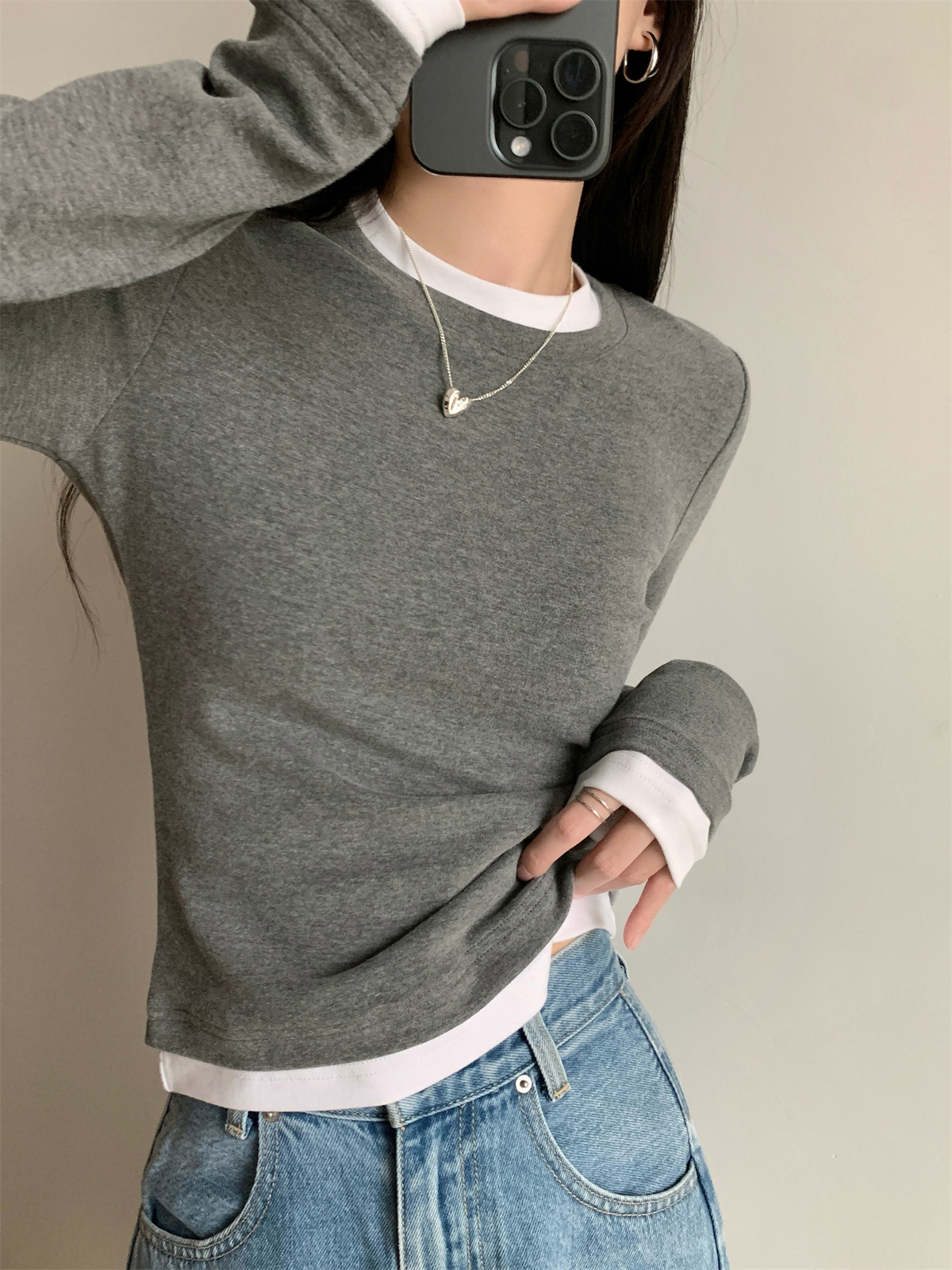 Women's Faux Two-Piece Long Sleeve Slim Fit T-Shirt Tee