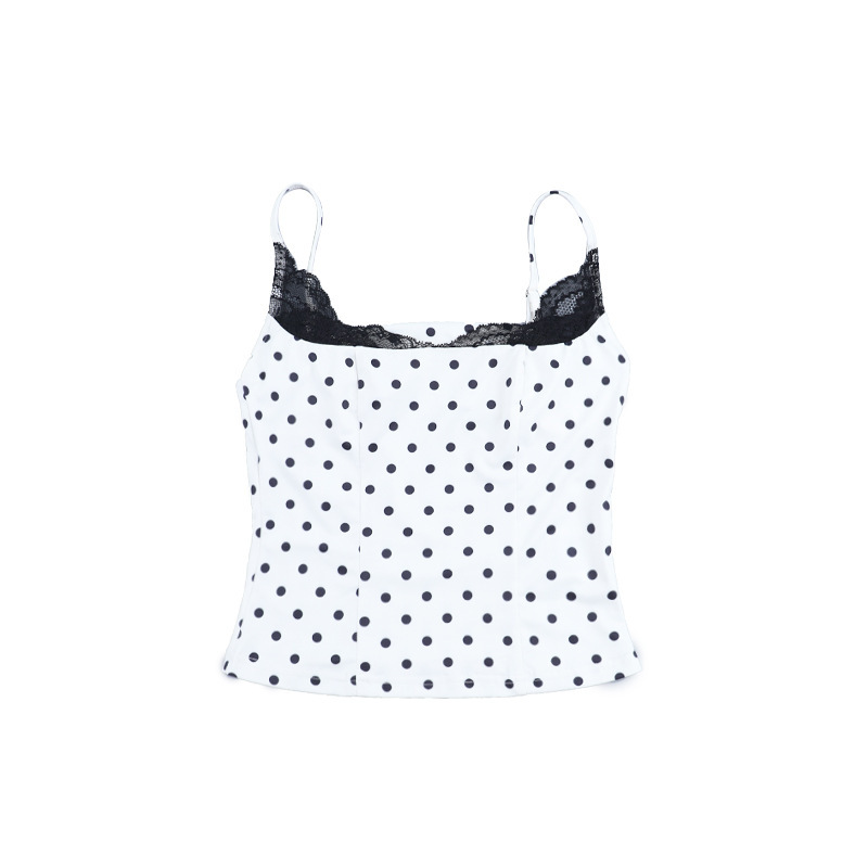 Women's French-Style Polka Dot Lace Trim Camisole Top