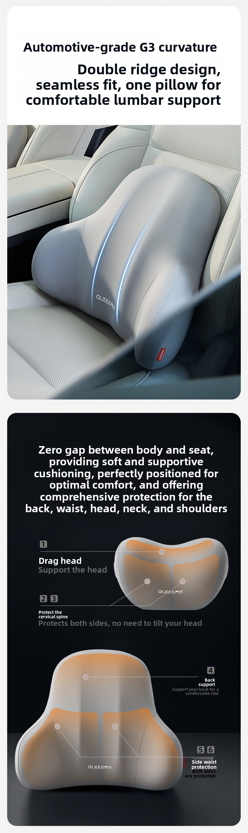 Ergonomic 52D Memory Foam Car Headrest and Lumbar Support Cushion Combo with Breathable Spacer Fabric