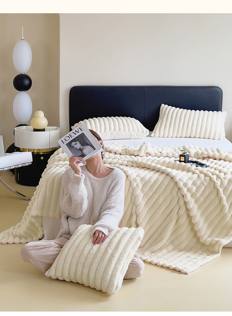 Double-Sided Faux Rabbit Fur Plush Blanket, Solid Color