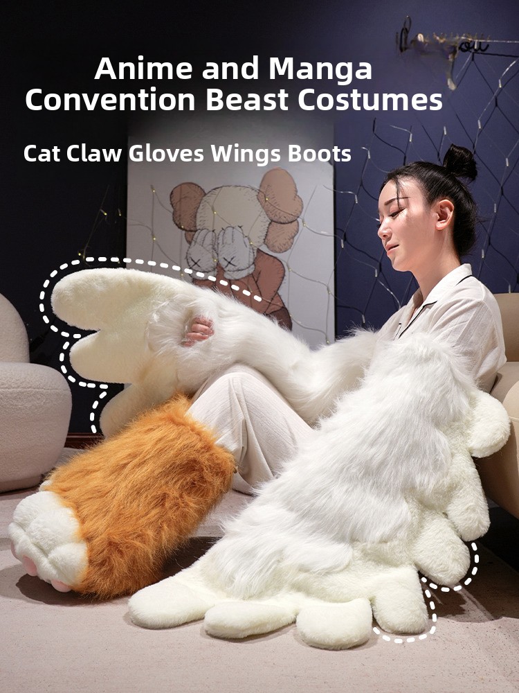Kawaii Cat Paw Thickened Plush Winter Gloves and Wings Costume Accessories Set