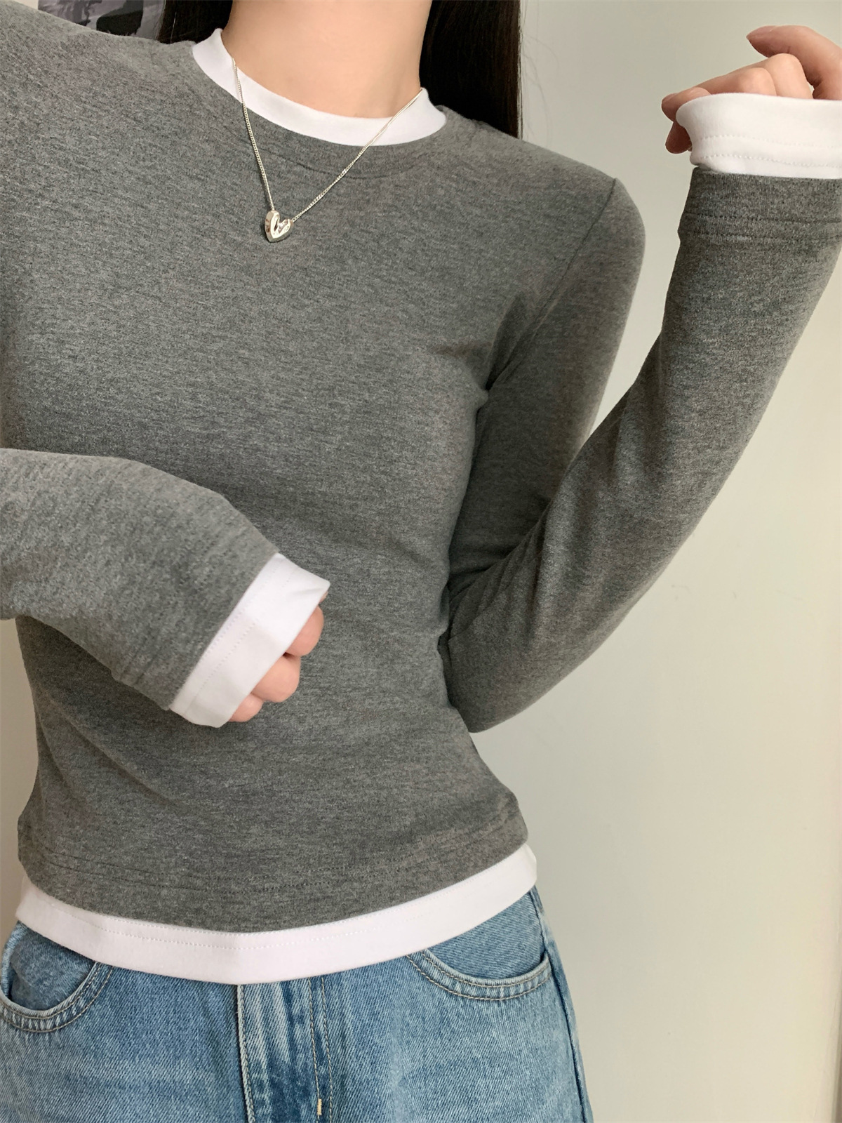 Women's Faux Two-Piece Long Sleeve Slim Fit T-Shirt Tee
