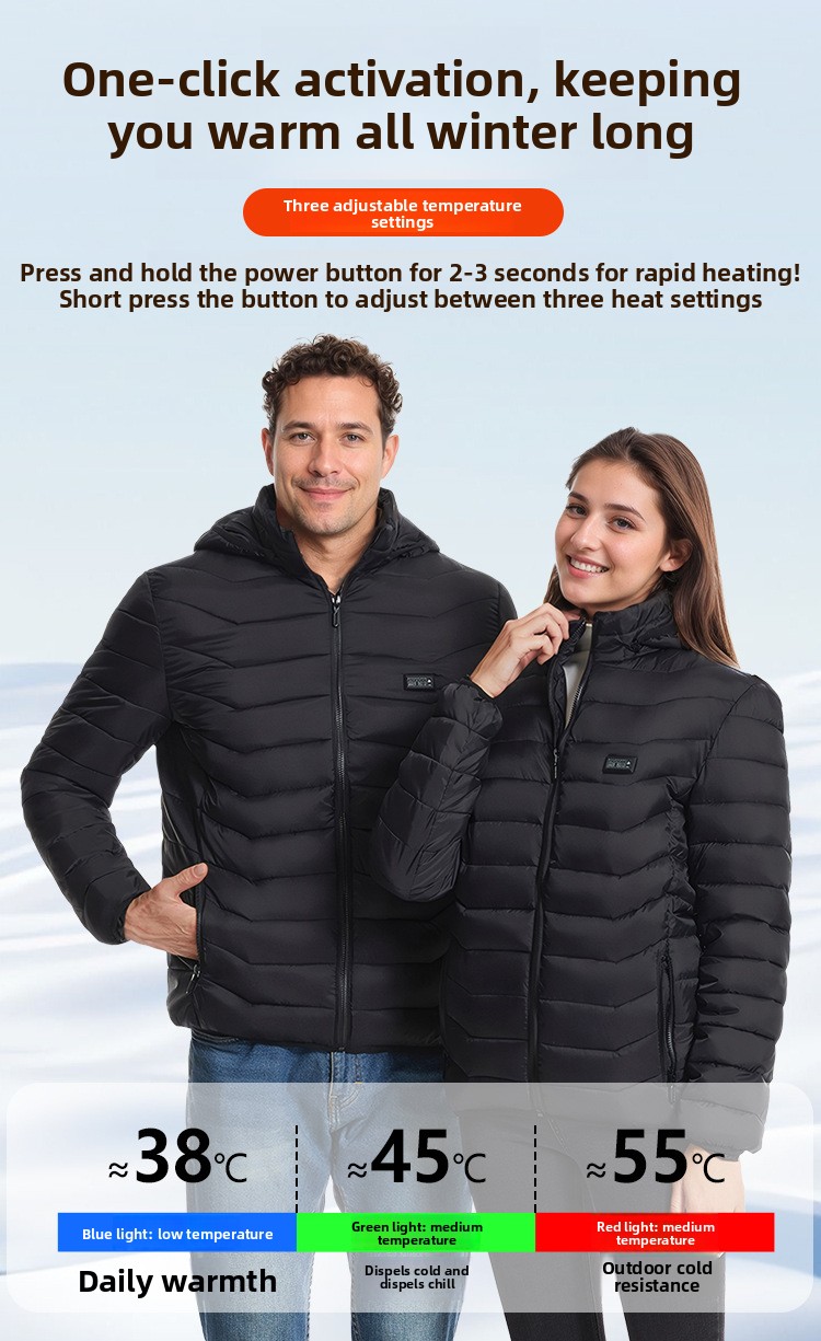 Unisex USB Heated Hooded Padded Jacket with 21 Heating Zones